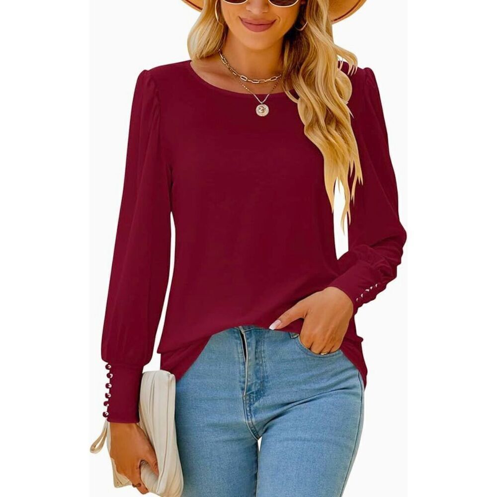 LUYAA Red-Wine Long Puff Sleeve Top w\Button Cuffs (Sz Lg)